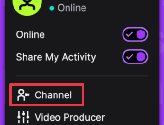 Twitch channel menu