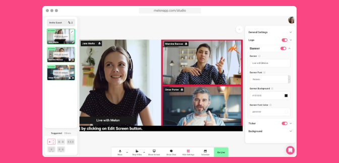 Melon is the web-based live streaming studio that allows you to invite guests, share your screen and go live instantly! Stream privately or directly to Facebook, YouTube, LinkedIn and Twitch.